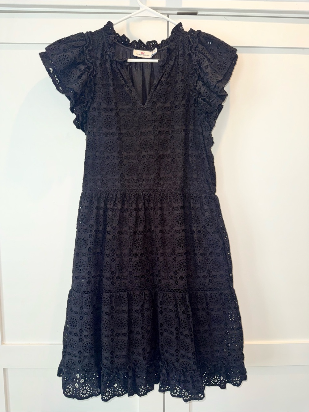 Vineyard Vines Black Eyelet Ruffle Sleeve Tiered Dress